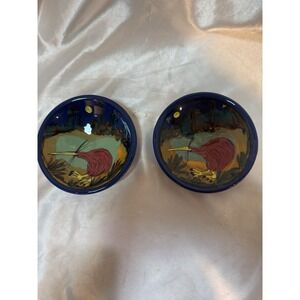 Kiwi Bird Pottery Hand Painted Bowl Set 2 Signed New Zealand  5"